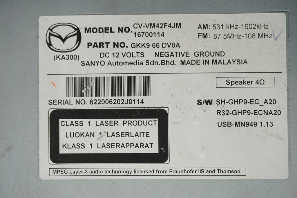 MAZDA 6 GJ RADIO CD GKK966DV0A